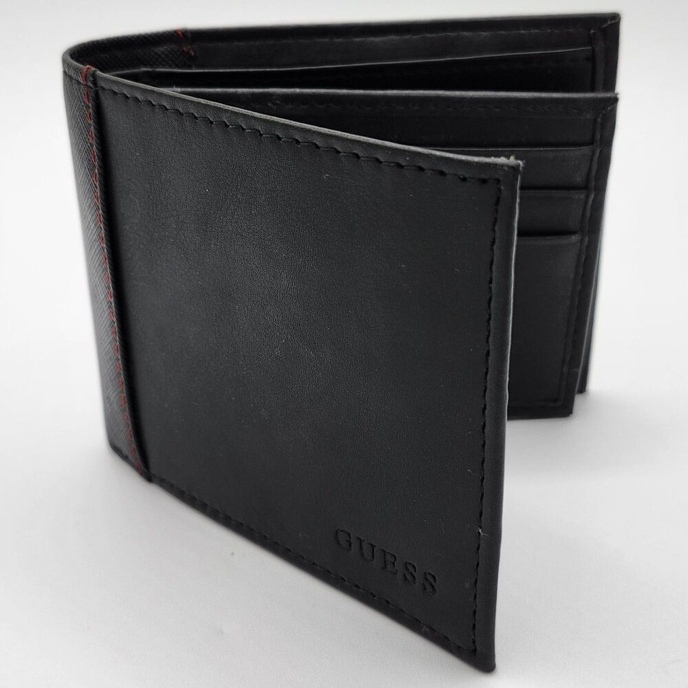 Guess - Black Leather Bifold Wallet w/ Red Stitching (NWT)
